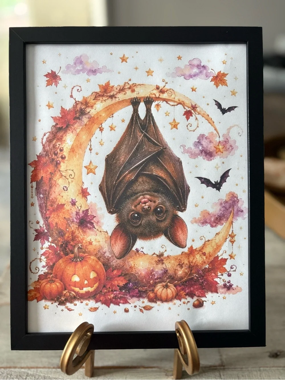 Halloween Bat Crescent Moon Framed 8x10 Wall Art - Orange & Brown